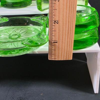 LOT 123: Vintage Uranium Items, 2 Large & 7 Small Furniture Sliders, Sunflower Ashtray, Art Deco Ashtray & 4 Small Fire King Dishes