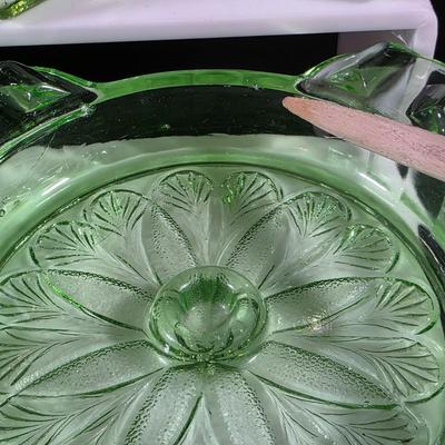LOT 123: Vintage Uranium Items, 2 Large & 7 Small Furniture Sliders, Sunflower Ashtray, Art Deco Ashtray & 4 Small Fire King Dishes