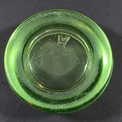 LOT 123: Vintage Uranium Items, 2 Large & 7 Small Furniture Sliders, Sunflower Ashtray, Art Deco Ashtray & 4 Small Fire King Dishes