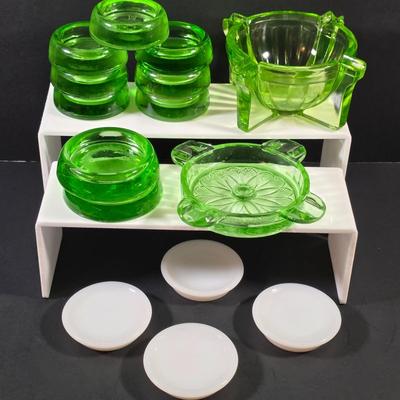 LOT 123: Vintage Uranium Items, 2 Large & 7 Small Furniture Sliders, Sunflower Ashtray, Art Deco Ashtray & 4 Small Fire King Dishes
