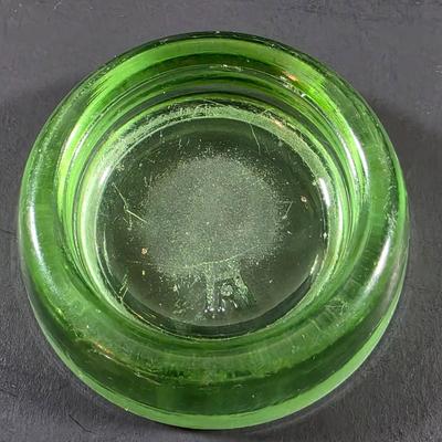 LOT 123: Vintage Uranium Items, 2 Large & 7 Small Furniture Sliders, Sunflower Ashtray, Art Deco Ashtray & 4 Small Fire King Dishes