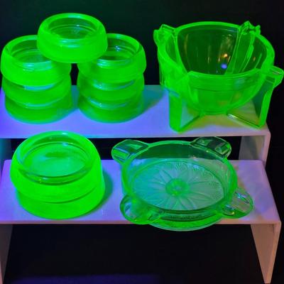 LOT 123: Vintage Uranium Items, 2 Large & 7 Small Furniture Sliders, Sunflower Ashtray, Art Deco Ashtray & 4 Small Fire King Dishes