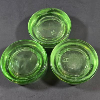 LOT 123: Vintage Uranium Items, 2 Large & 7 Small Furniture Sliders, Sunflower Ashtray, Art Deco Ashtray & 4 Small Fire King Dishes