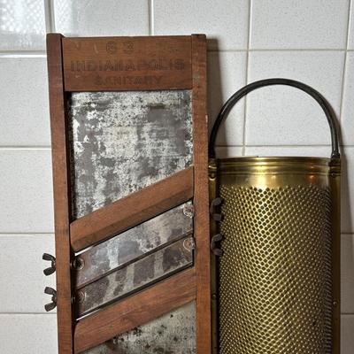 LOT 125: Vintage Primitive Kitchen Ware: Indianapolis Sanitary Slaw/Vegetable Slicer, Large Brass Grater, McCoy Bowl, Stone Serving Tray