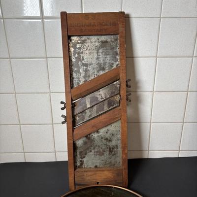 LOT 125: Vintage Primitive Kitchen Ware: Indianapolis Sanitary Slaw/Vegetable Slicer, Large Brass Grater, McCoy Bowl, Stone Serving Tray