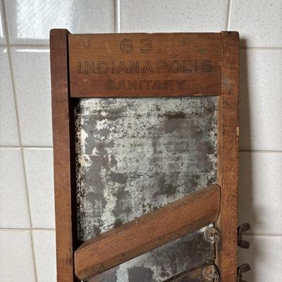 LOT 125: Vintage Primitive Kitchen Ware: Indianapolis Sanitary Slaw/Vegetable Slicer, Large Brass Grater, McCoy Bowl, Stone Serving Tray
