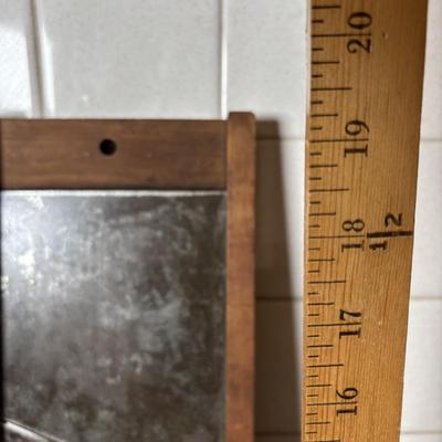 LOT 125: Vintage Primitive Kitchen Ware: Indianapolis Sanitary Slaw/Vegetable Slicer, Large Brass Grater, McCoy Bowl, Stone Serving Tray