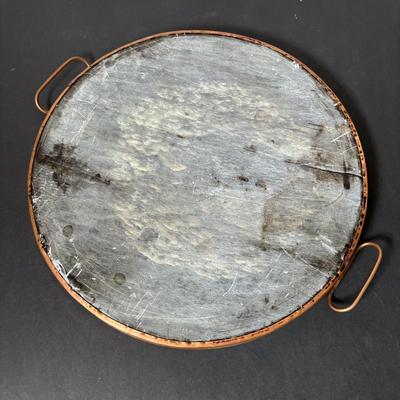 LOT 125: Vintage Primitive Kitchen Ware: Indianapolis Sanitary Slaw/Vegetable Slicer, Large Brass Grater, McCoy Bowl, Stone Serving Tray