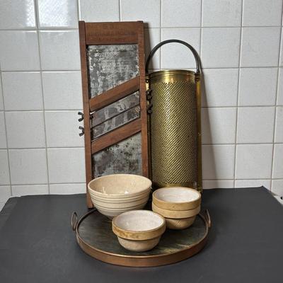 LOT 125: Vintage Primitive Kitchen Ware: Indianapolis Sanitary Slaw/Vegetable Slicer, Large Brass Grater, McCoy Bowl, Stone Serving Tray