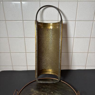 LOT 125: Vintage Primitive Kitchen Ware: Indianapolis Sanitary Slaw/Vegetable Slicer, Large Brass Grater, McCoy Bowl, Stone Serving Tray