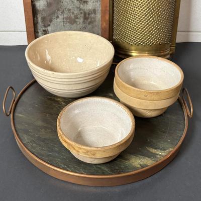 LOT 125: Vintage Primitive Kitchen Ware: Indianapolis Sanitary Slaw/Vegetable Slicer, Large Brass Grater, McCoy Bowl, Stone Serving Tray