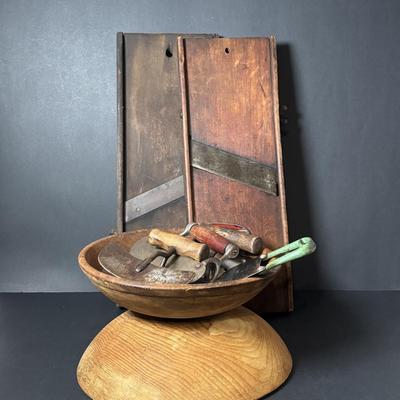LOT 126: Antique Food Choppers, Primitive Slaw/Vegetable Slicer and Vintage Munising Wooden Bowls (2),