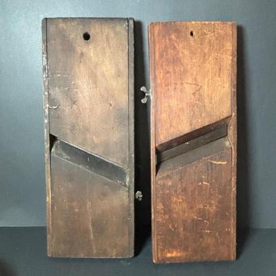 LOT 126: Antique Food Choppers, Primitive Slaw/Vegetable Slicer and Vintage Munising Wooden Bowls (2),