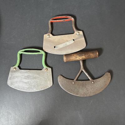 LOT 126: Antique Food Choppers, Primitive Slaw/Vegetable Slicer and Vintage Munising Wooden Bowls (2),