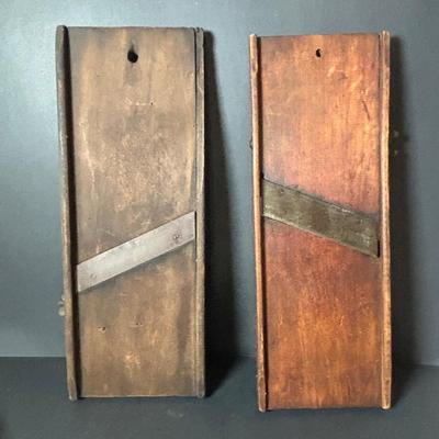 LOT 126: Antique Food Choppers, Primitive Slaw/Vegetable Slicer and Vintage Munising Wooden Bowls (2),