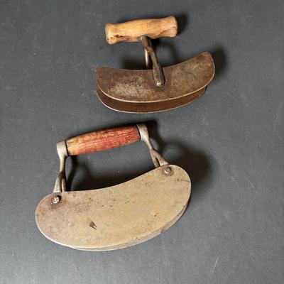 LOT 126: Antique Food Choppers, Primitive Slaw/Vegetable Slicer and Vintage Munising Wooden Bowls (2),