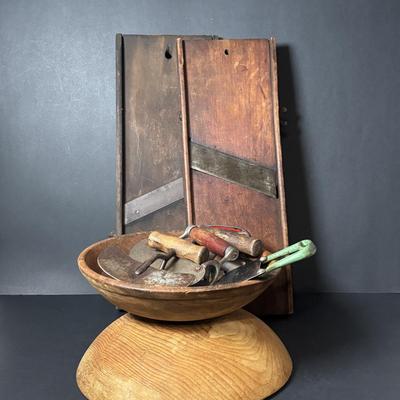 LOT 126: Antique Food Choppers, Primitive Slaw/Vegetable Slicer and Vintage Munising Wooden Bowls (2),