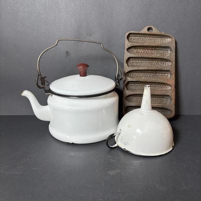 LOT 127: Vintage Milk Glass Shakers (3), Small Cast Irion Corn Stick Pan and Enamel Ware Collection
