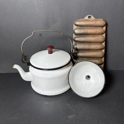 LOT 127: Vintage Milk Glass Shakers (3), Small Cast Irion Corn Stick Pan and Enamel Ware Collection