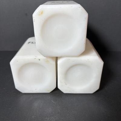 LOT 127: Vintage Milk Glass Shakers (3), Small Cast Irion Corn Stick Pan and Enamel Ware Collection