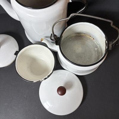LOT 127: Vintage Milk Glass Shakers (3), Small Cast Irion Corn Stick Pan and Enamel Ware Collection