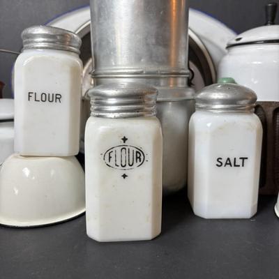 LOT 127: Vintage Milk Glass Shakers (3), Small Cast Irion Corn Stick Pan and Enamel Ware Collection