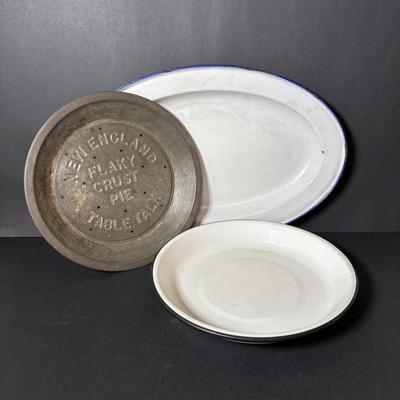 LOT 127: Vintage Milk Glass Shakers (3), Small Cast Irion Corn Stick Pan and Enamel Ware Collection