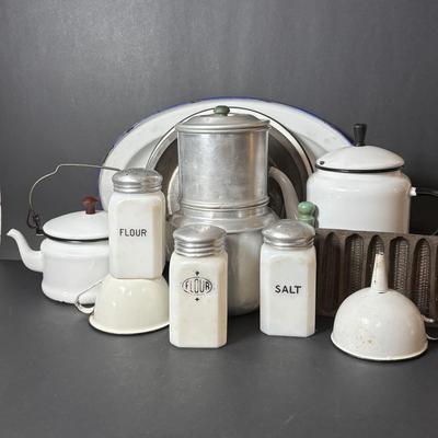 LOT 127: Vintage Milk Glass Shakers (3), Small Cast Irion Corn Stick Pan and Enamel Ware Collection