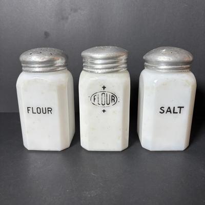 LOT 127: Vintage Milk Glass Shakers (3), Small Cast Irion Corn Stick Pan and Enamel Ware Collection