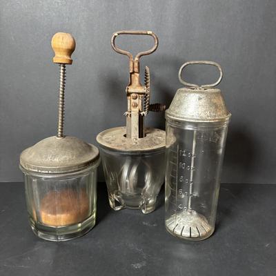LOT 130 Vintage Hand Mixers and Food Chopper, Shawnee Pluto Salt/Pepper Shakers along with Pottery Bowls