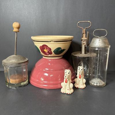 LOT 130 Vintage Hand Mixers and Food Chopper, Shawnee Pluto Salt/Pepper Shakers along with Pottery Bowls