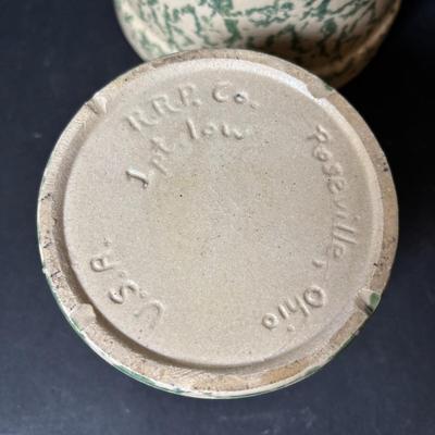 LOT 132: Vintage Spongeware Pottery Collection: Marked R.R.P. Roseville, Stamped R.R.P Roseville, Stamped Robinson Ransbottom Roseville...
