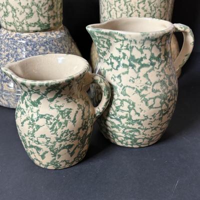 LOT 132: Vintage Spongeware Pottery Collection: Marked R.R.P. Roseville, Stamped R.R.P Roseville, Stamped Robinson Ransbottom Roseville...