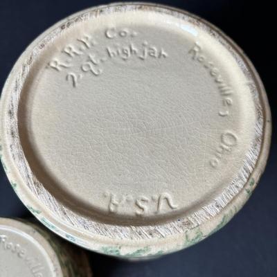 LOT 132: Vintage Spongeware Pottery Collection: Marked R.R.P. Roseville, Stamped R.R.P Roseville, Stamped Robinson Ransbottom Roseville...