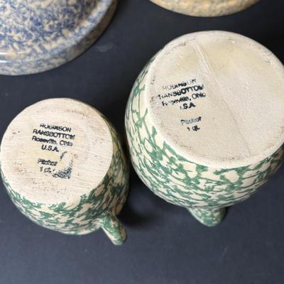 LOT 132: Vintage Spongeware Pottery Collection: Marked R.R.P. Roseville, Stamped R.R.P Roseville, Stamped Robinson Ransbottom Roseville...