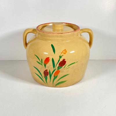LOT 147: Vintage Stoneware Cookie Jar with Handles and Lid