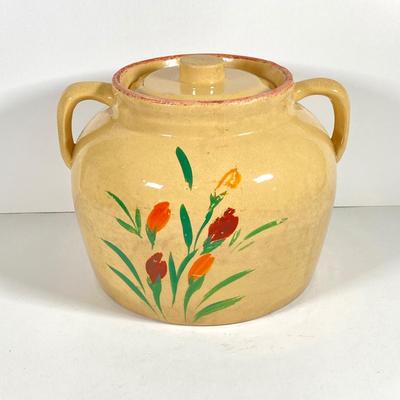 LOT 147: Vintage Stoneware Cookie Jar with Handles and Lid