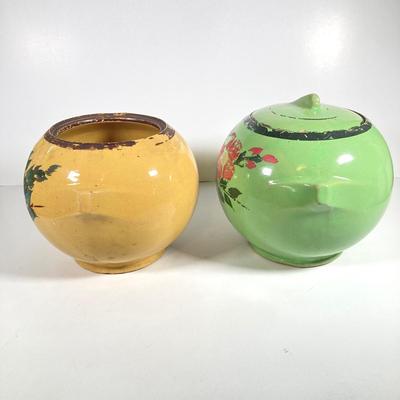 LOT 148: Pair of Vintage / Antique Painted Pottery Cookie Jars / Crocks