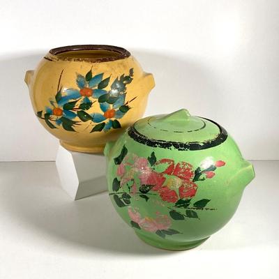 LOT 148: Pair of Vintage / Antique Painted Pottery Cookie Jars / Crocks