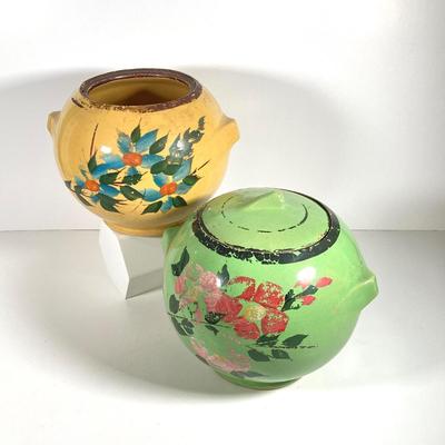 LOT 148: Pair of Vintage / Antique Painted Pottery Cookie Jars / Crocks