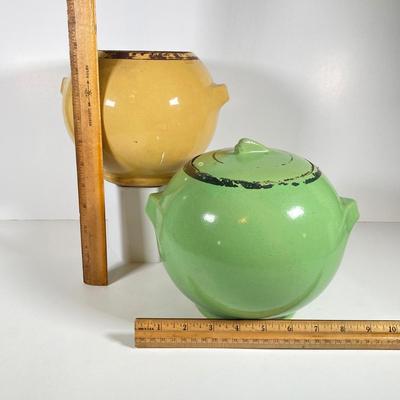 LOT 148: Pair of Vintage / Antique Painted Pottery Cookie Jars / Crocks