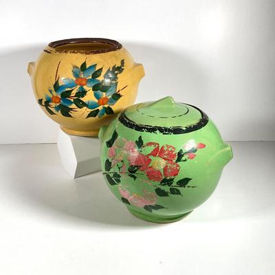 LOT 148: Pair of Vintage / Antique Painted Pottery Cookie Jars / Crocks