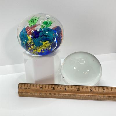 LOT 157: Pair of Art Glass Paperweights - Colorful with Swimming Turtles and Clear Glass Styles