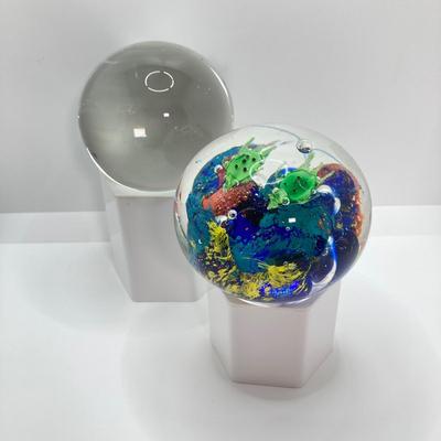 LOT 157: Pair of Art Glass Paperweights - Colorful with Swimming Turtles and Clear Glass Styles