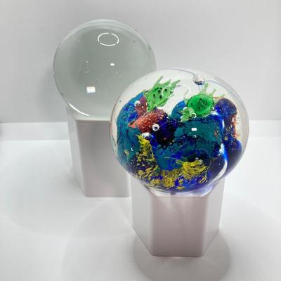 LOT 157: Pair of Art Glass Paperweights - Colorful with Swimming Turtles and Clear Glass Styles