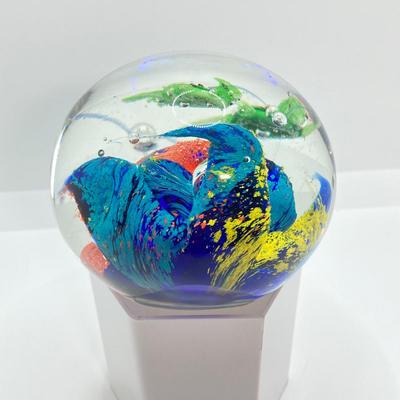 LOT 157: Pair of Art Glass Paperweights - Colorful with Swimming Turtles and Clear Glass Styles