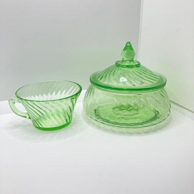 LOT 161: Collection of Spiral Pattern Uranium Glass - Center Handle Serving Dish, Candy Dish and Cup