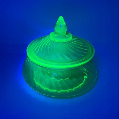 LOT 161: Collection of Spiral Pattern Uranium Glass - Center Handle Serving Dish, Candy Dish and Cup