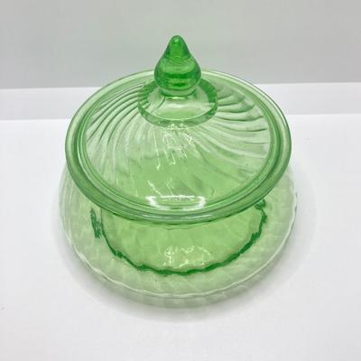LOT 161: Collection of Spiral Pattern Uranium Glass - Center Handle Serving Dish, Candy Dish and Cup