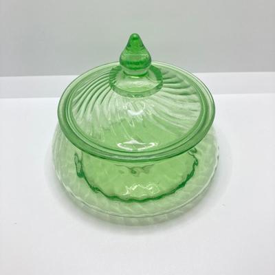 LOT 161: Collection of Spiral Pattern Uranium Glass - Center Handle Serving Dish, Candy Dish and Cup